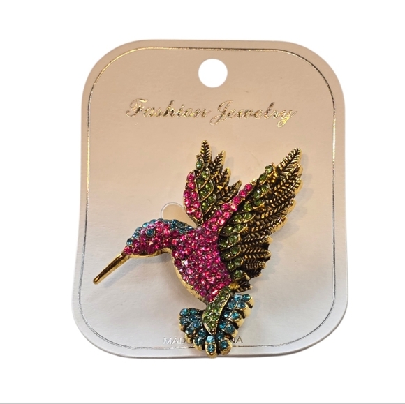 Hummingbird Rhinestone Goldtone Brooch - Picture 6 of 6